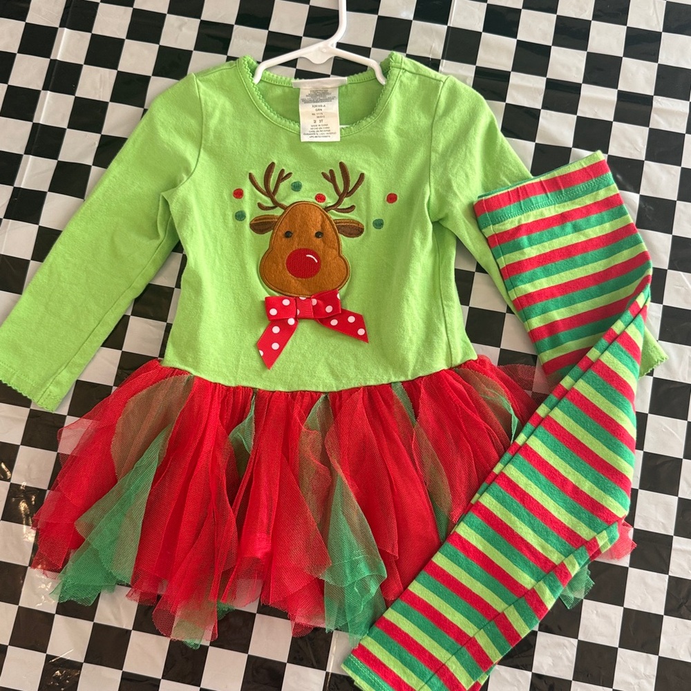 Bonnie Jean Green Dress with Reindeer Applique